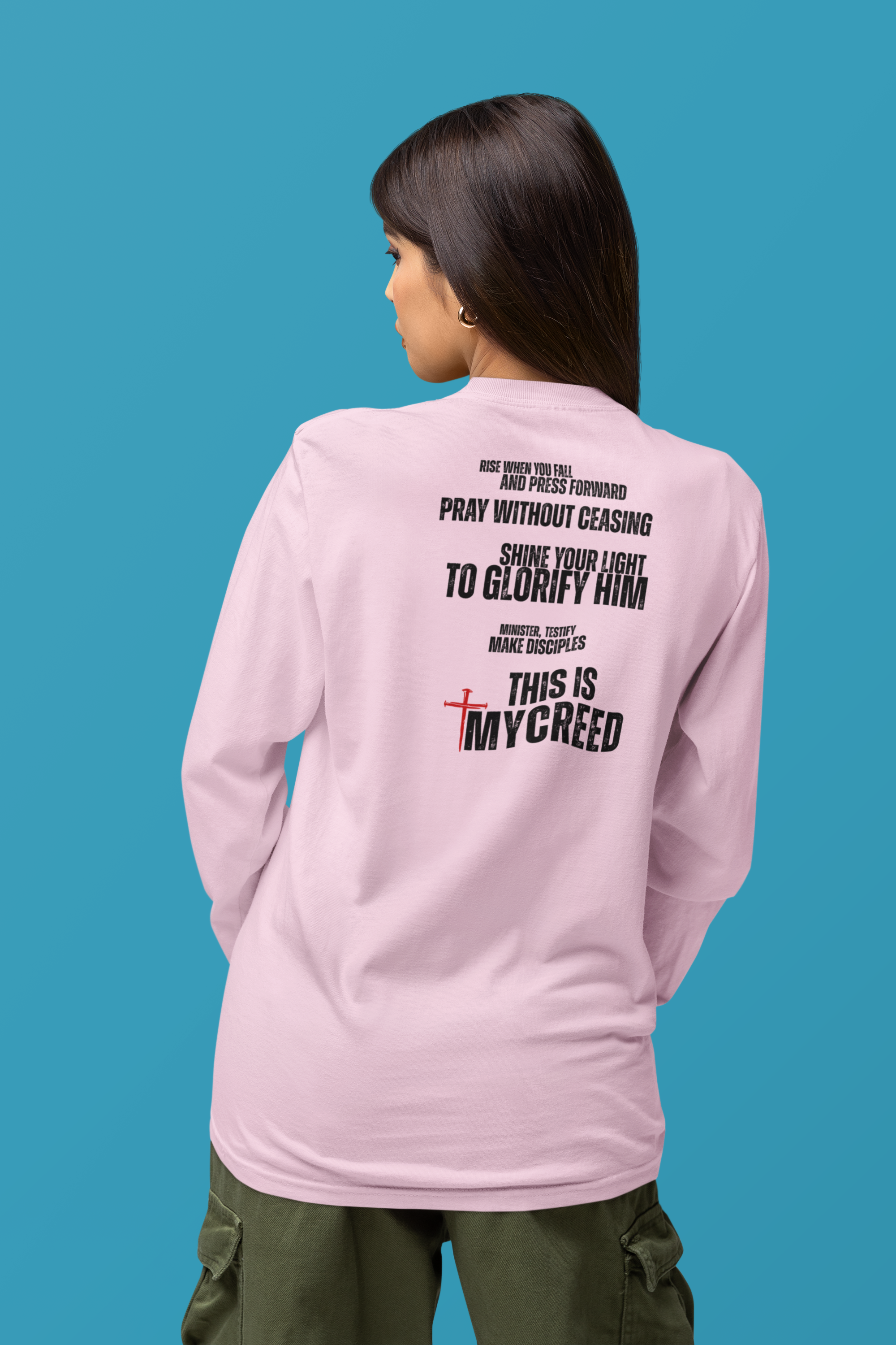 Statement Christian tee with distressed typography design declaring perseverance, prayer, and mission.