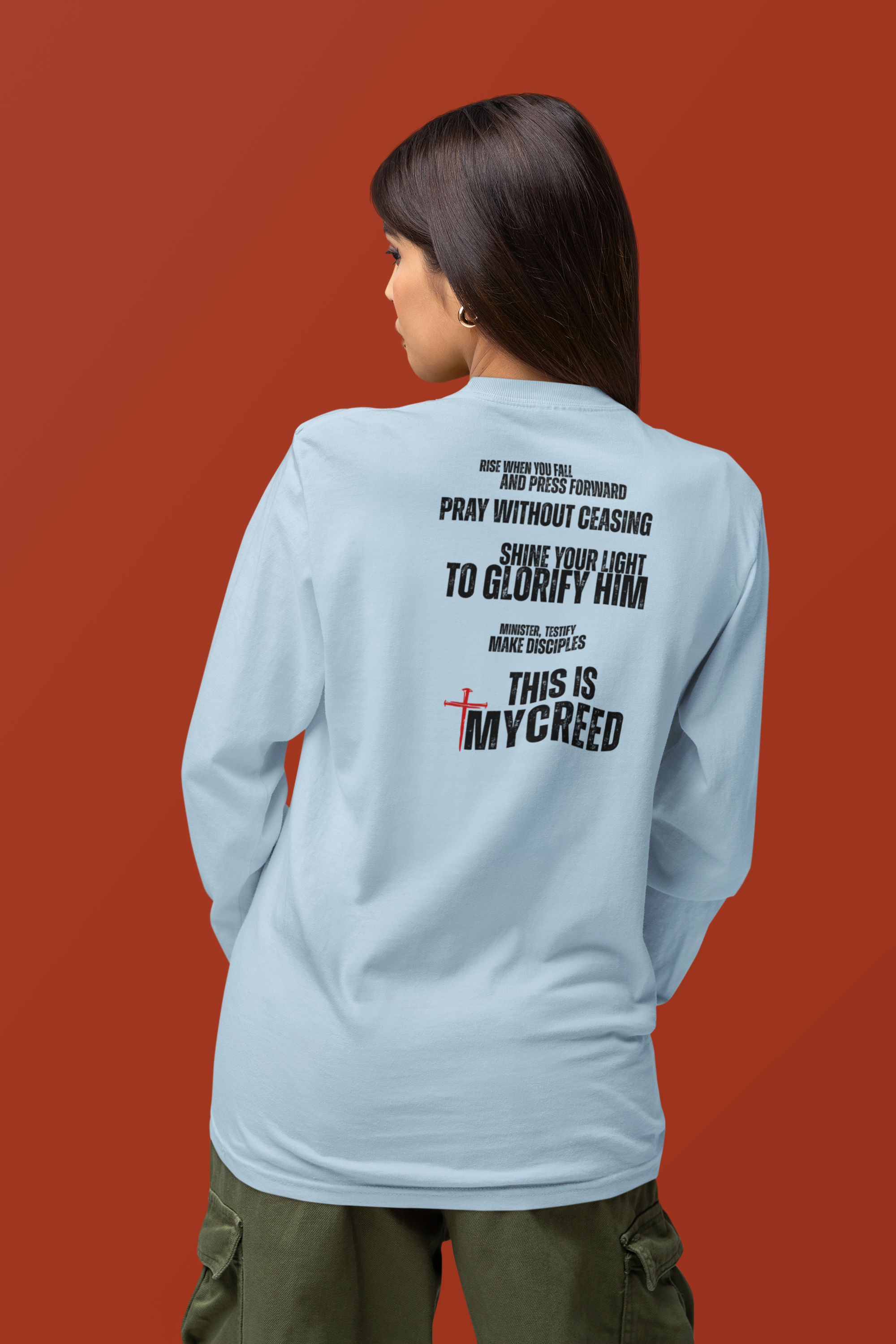 The Declaration by MyCreed — bold Christian streetwear long sleeve proclaiming faith and discipleship.