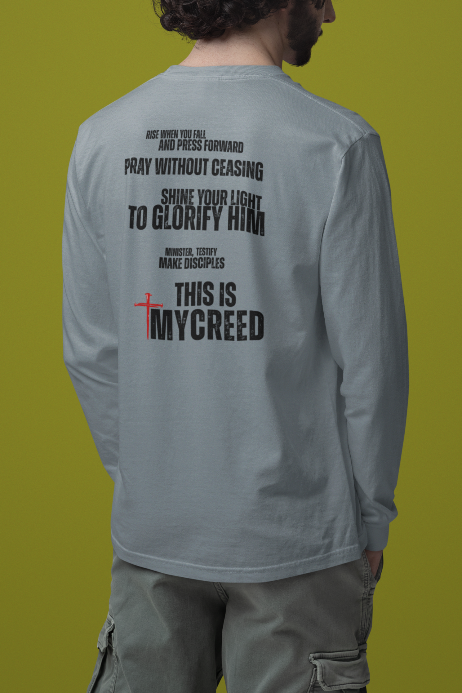 Christian apparel long sleeve tee featuring The Declaration manifesto back print with MyCreed nail cross logo.