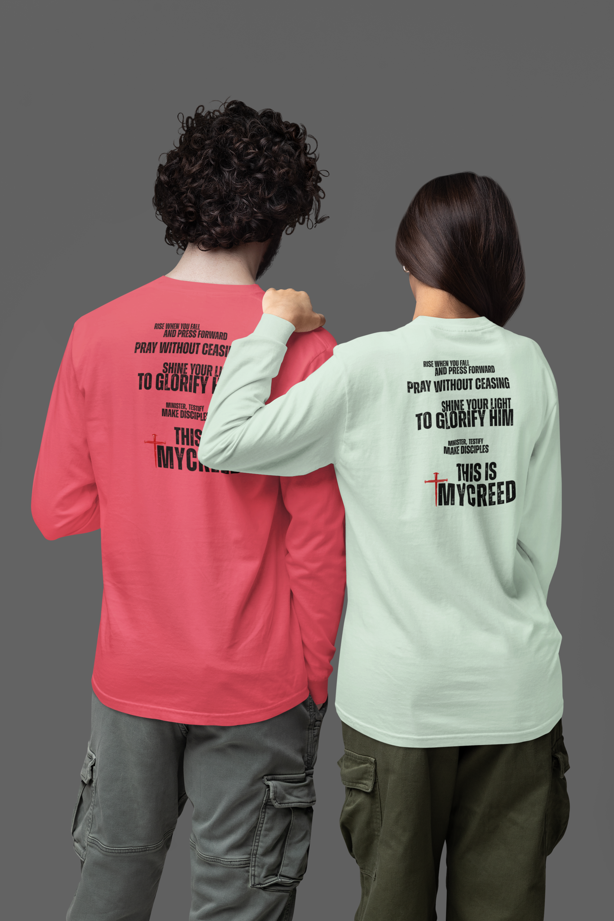 Christian apparel long sleeve tee featuring The Declaration manifesto back print with MyCreed nail cross logo.