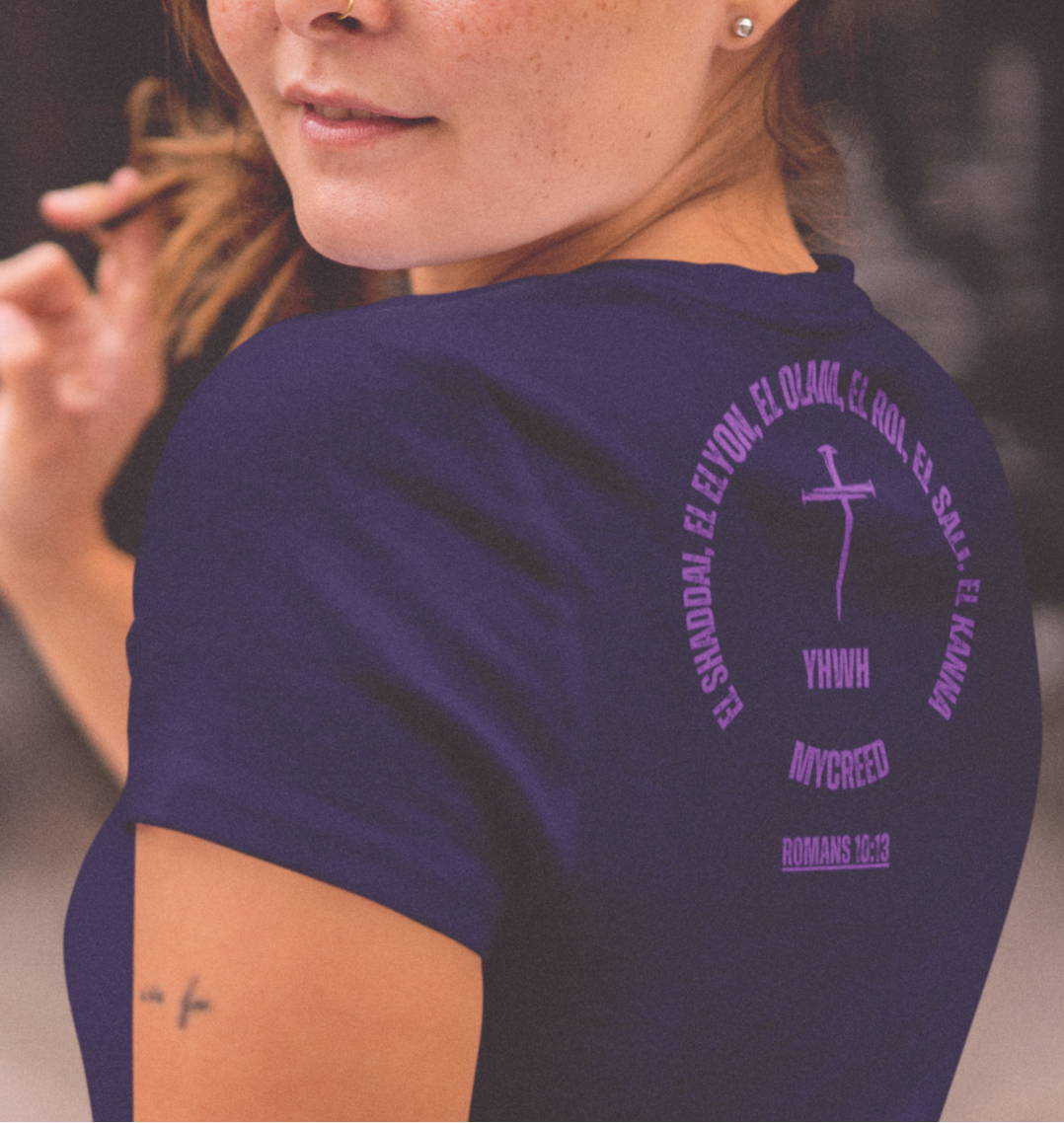 Front chest logo detail of YHWH’s Names women’s slim fit T-shirt – Bella+Canvas 6004