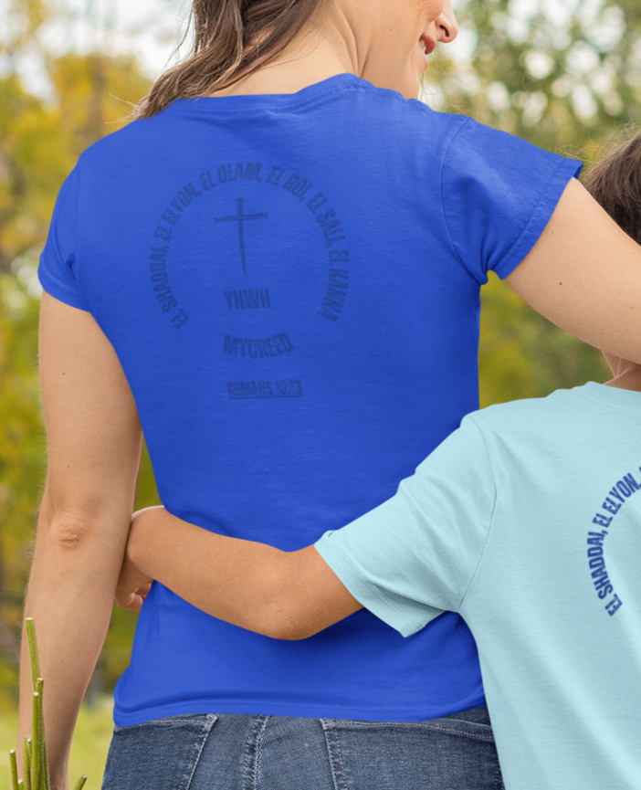 Lifestyle view – YHWH’s Names women’s T-shirt with scripture circle design and MyCreed branding