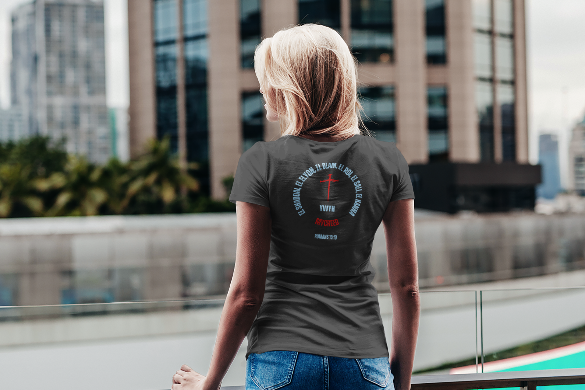YHWH Names Romans 10:13 Christian Women’s Slim Fit Bella+Canvas T-Shirt with cross and covenant titles – MyCreed