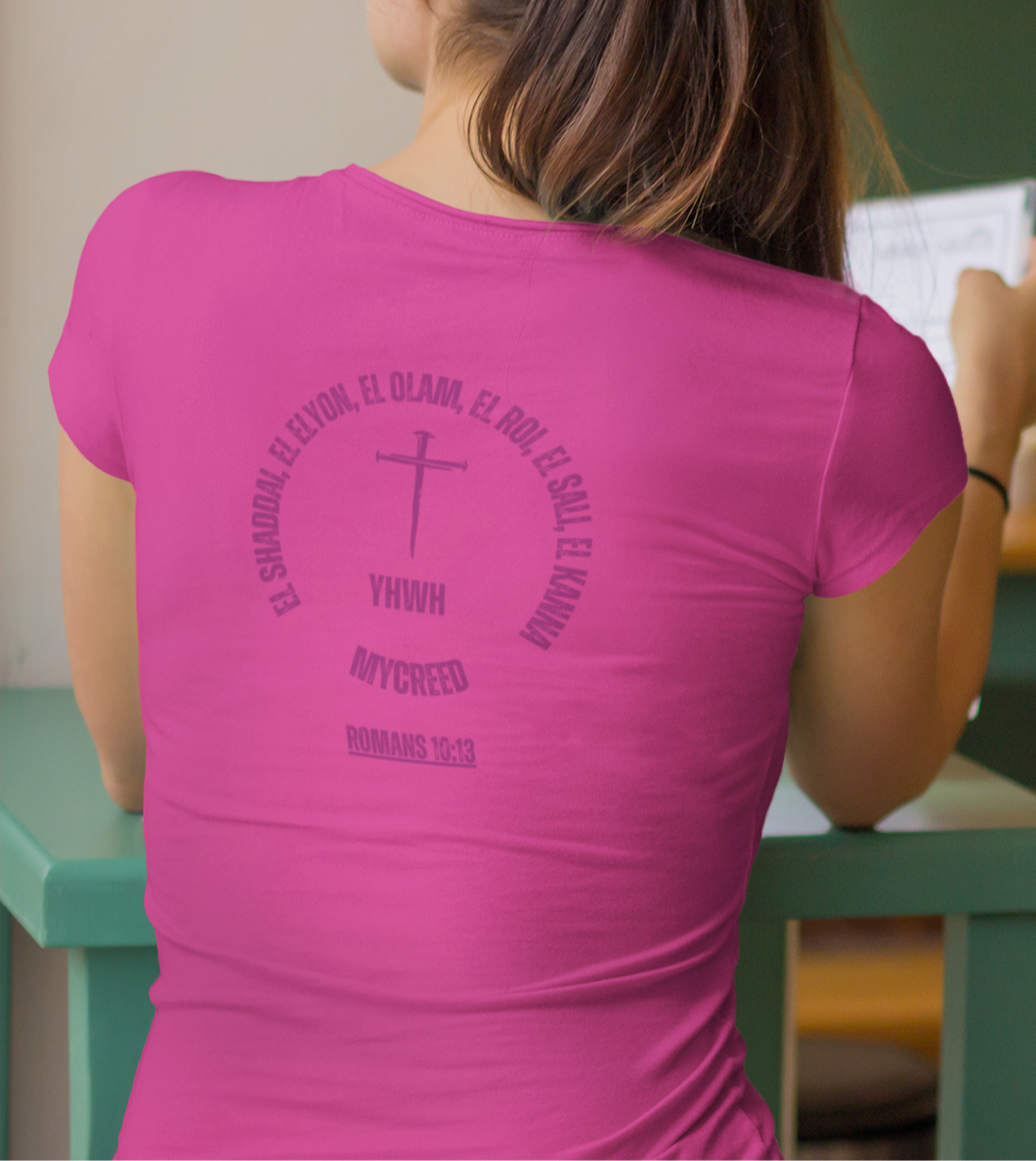 berrt color slim fit Bella+Canvas women’s tee with YHWH’s Names scripture design and Romans 10:13 verse