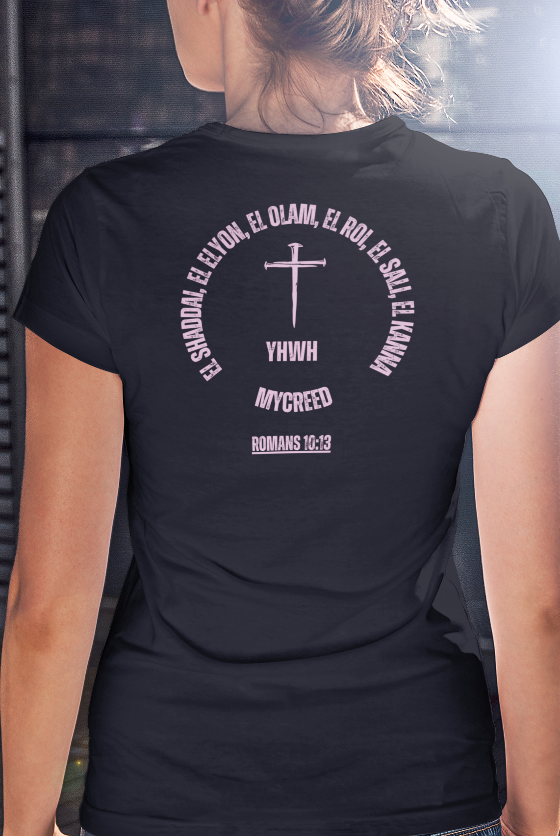 Faith-based slim fit women’s T-shirt – YHWH’s Names circle typography graphic with cross motif