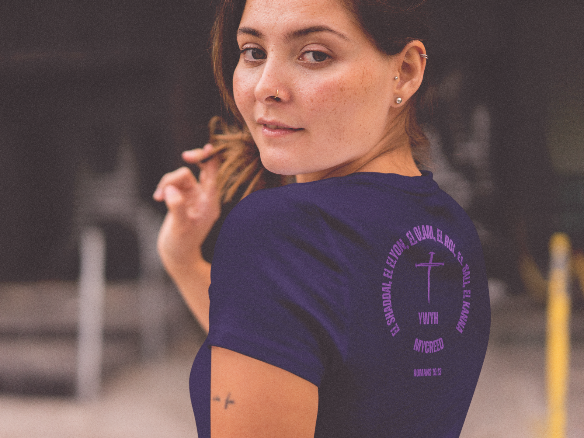 YHWH Names Romans 10:13 Christian Women’s Slim Fit Bella+Canvas T-Shirt with cross and covenant titles – MyCreed