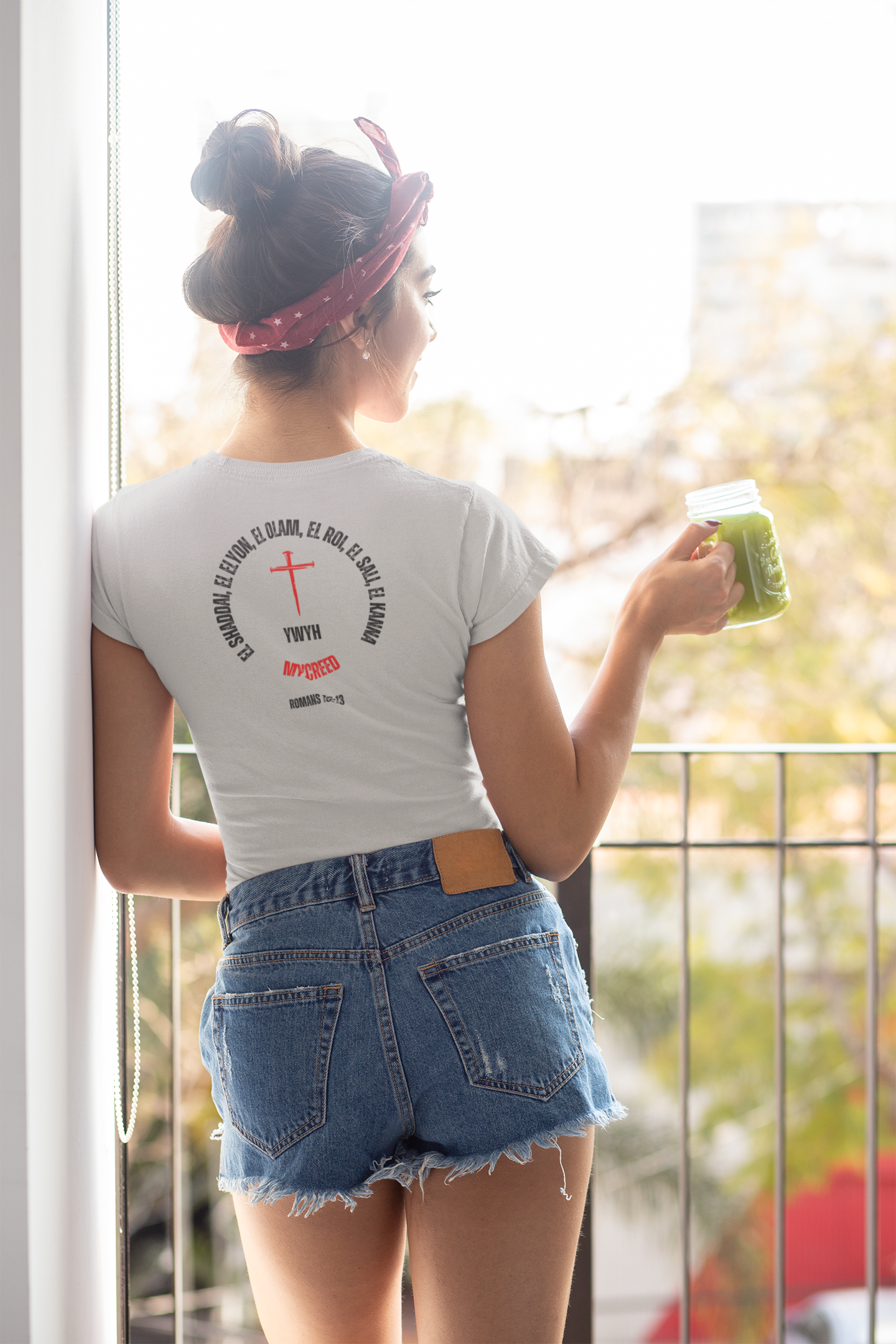 YHWH Names Romans 10:13 Christian Women’s Slim Fit Bella+Canvas T-Shirt with cross and covenant titles – MyCreed