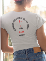 Back design of YHWH’s Names women’s Christian tee featuring cross, Romans 10:13, and MyCreed logo