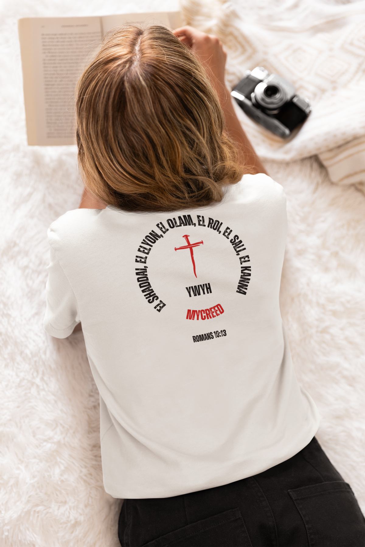 YHWH Names Romans 10:13 Christian Women’s Slim Fit Bella+Canvas T-Shirt with cross and covenant titles – MyCreed