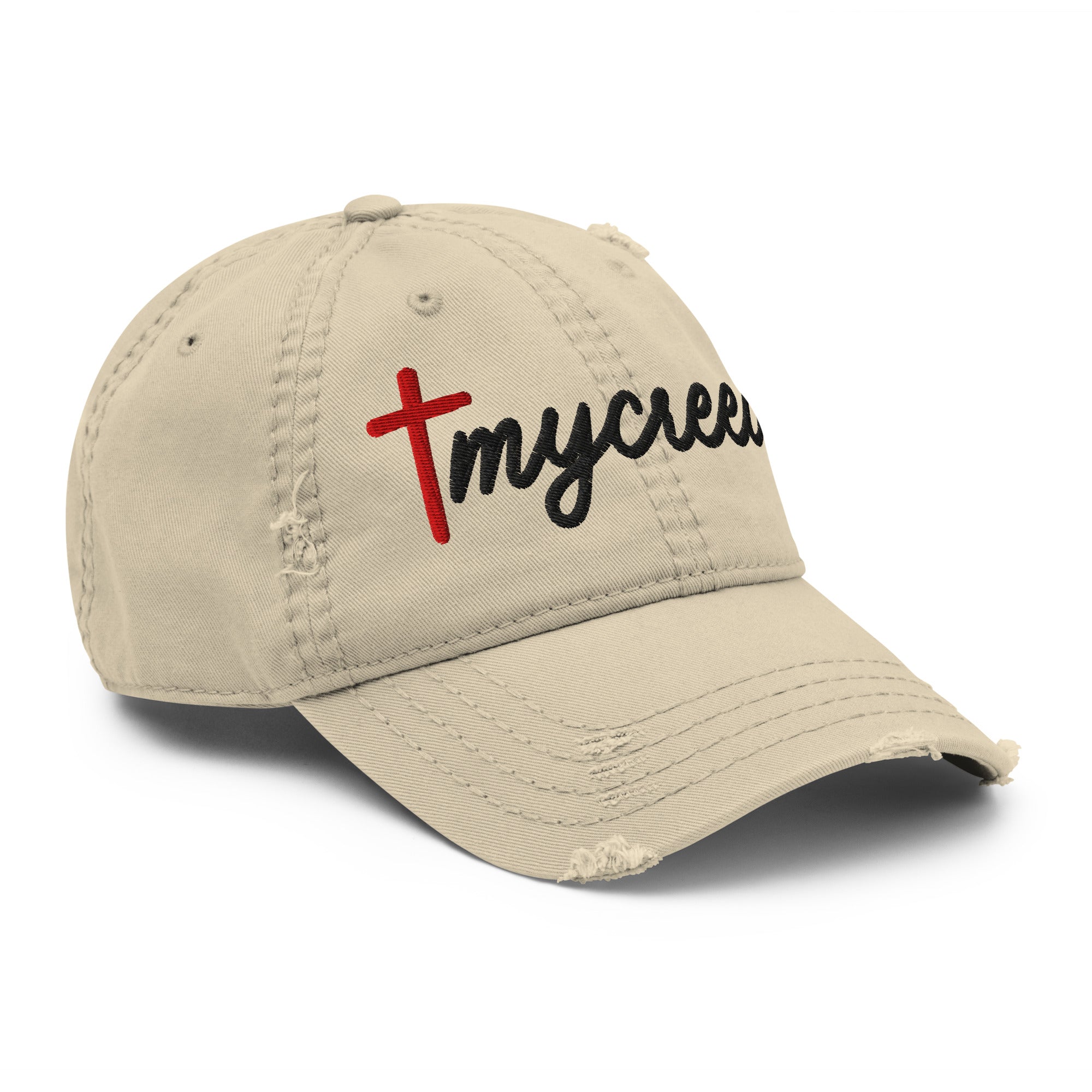 Side view of MyCreed distressed dad hat