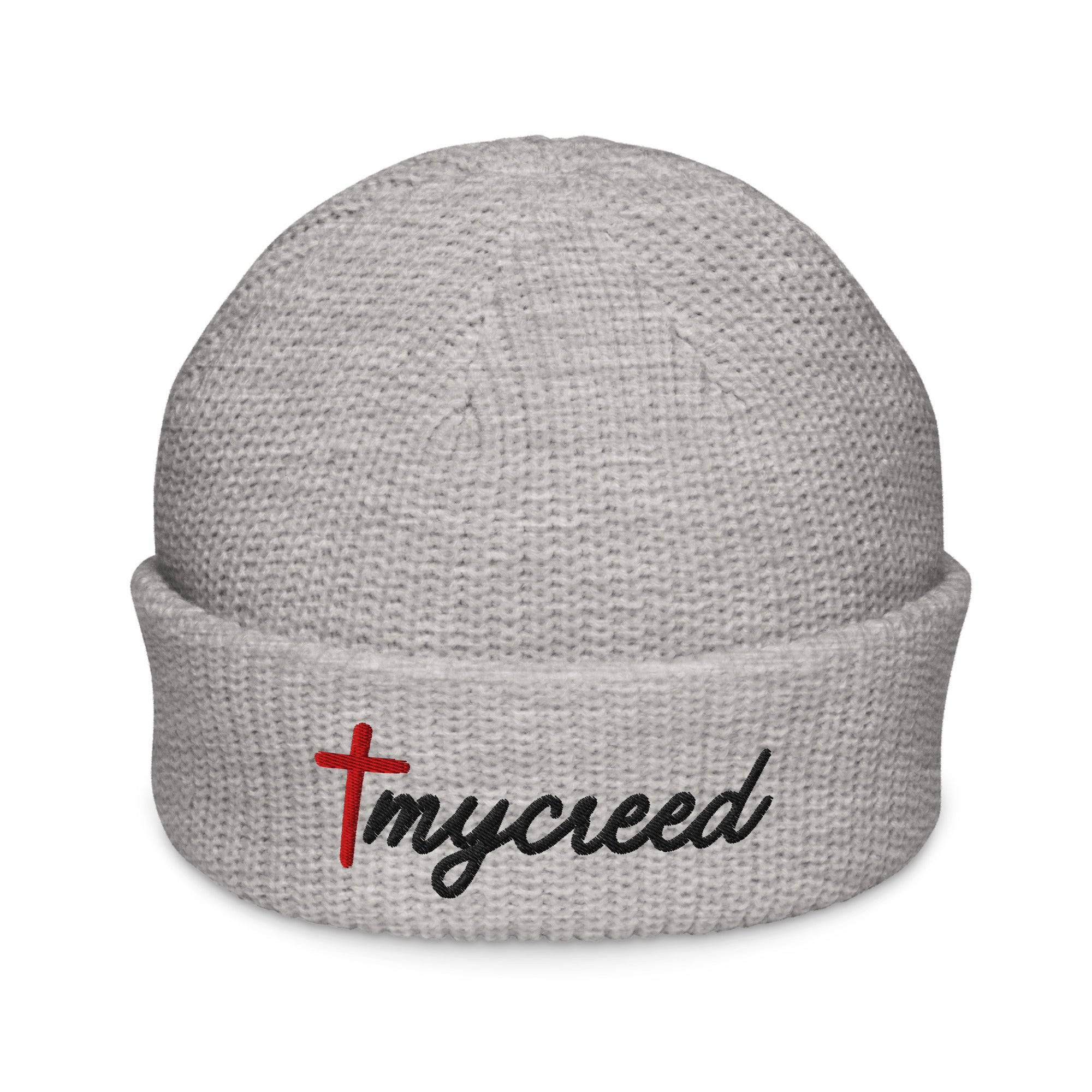 Athletic Heather gray beanie with embroidered MyCreed faith logo by MyCreed™