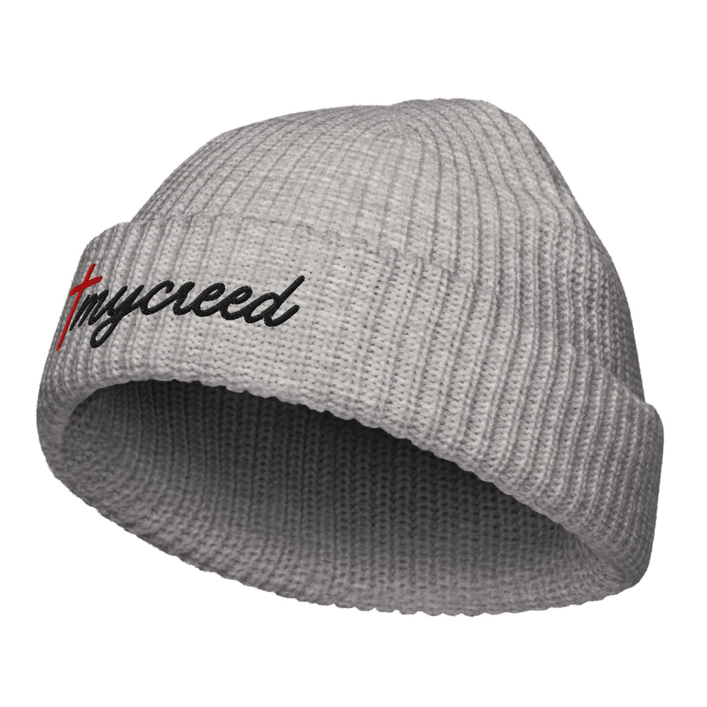 Light gray Christian beanie with subtle embroidered cross and MyCreed branding by MyCreed™