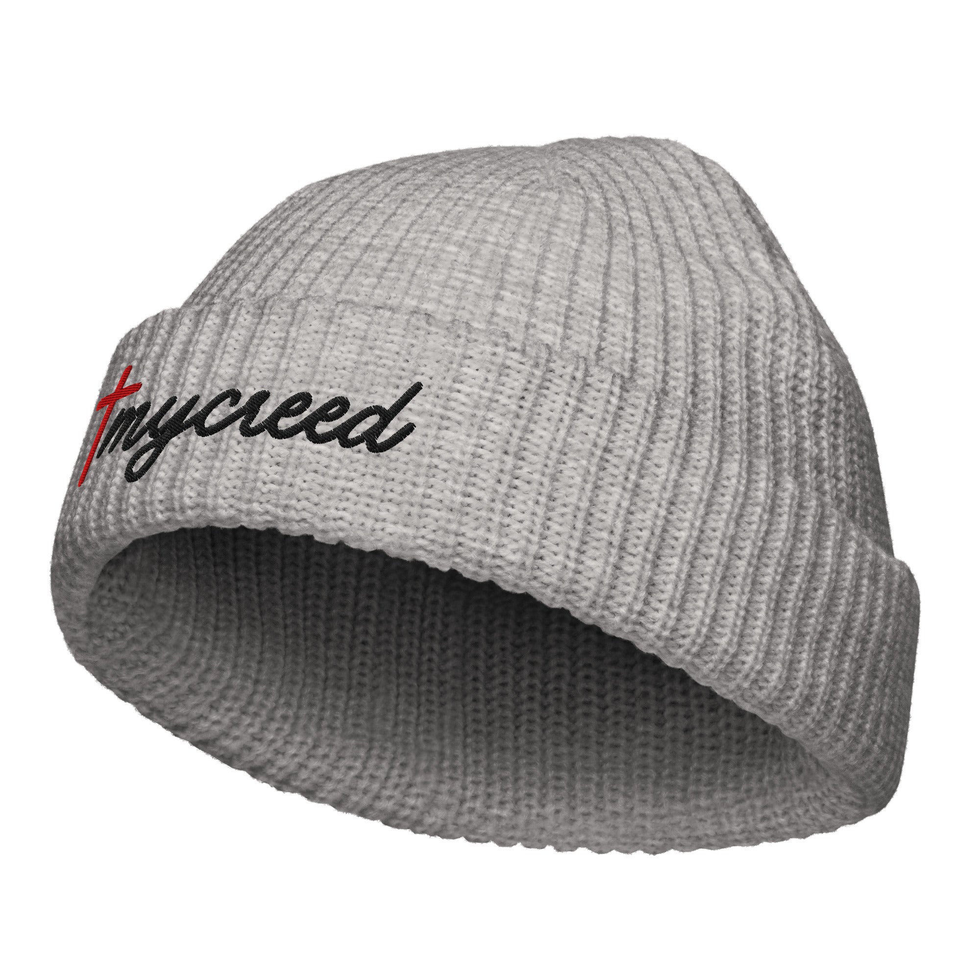 Light gray Christian beanie with subtle embroidered cross and MyCreed branding by MyCreed™