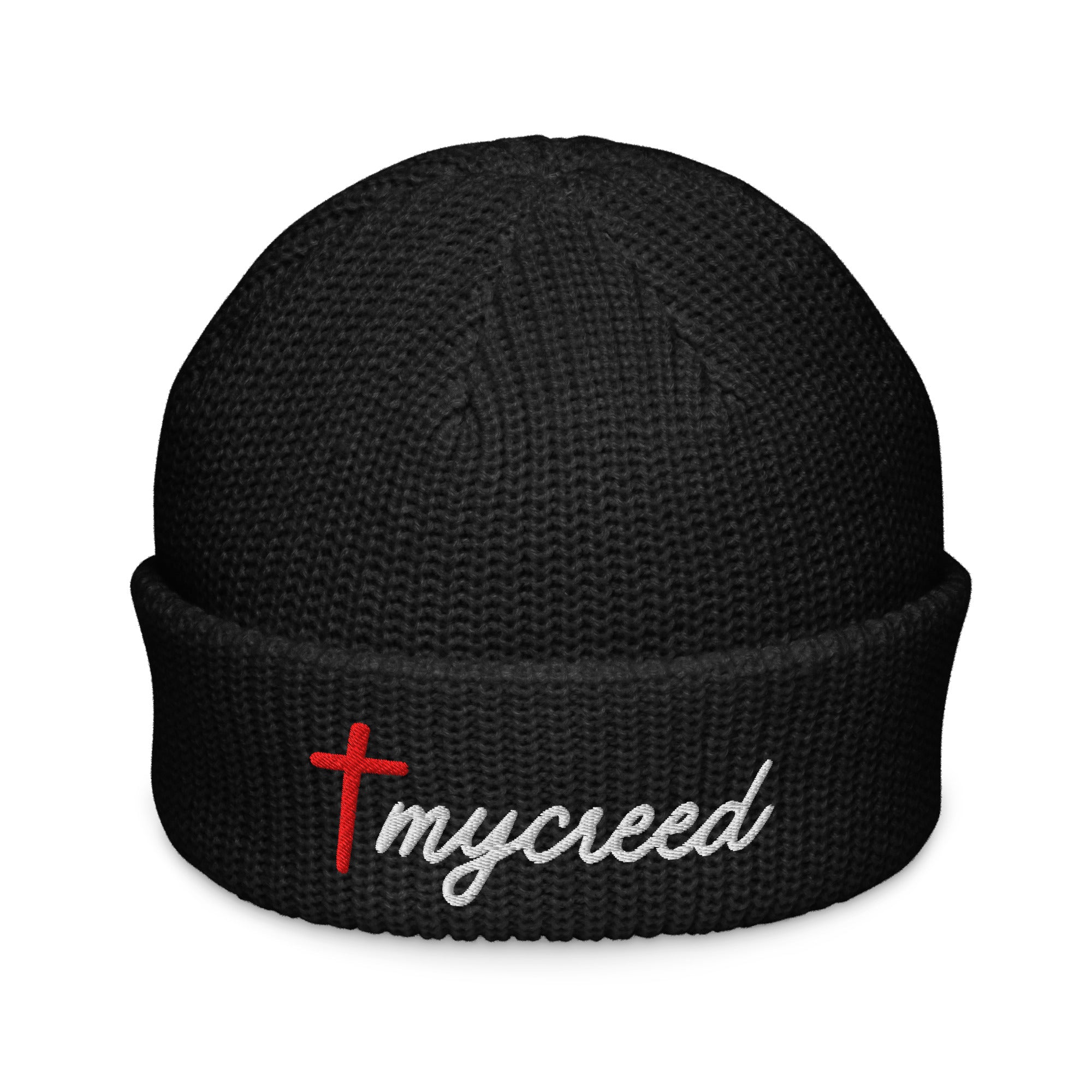 Black beanie with embroidered red cross and MyCreed wordmark front cuff by MyCreed™