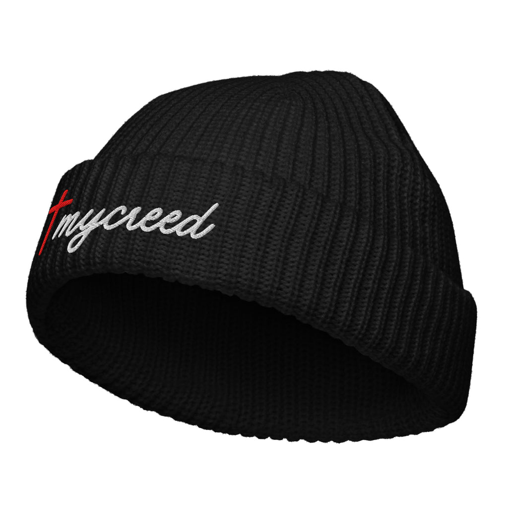 Black Christian beanie featuring minimalist embroidered MyCreed logo and red cross detail by MyCreed™