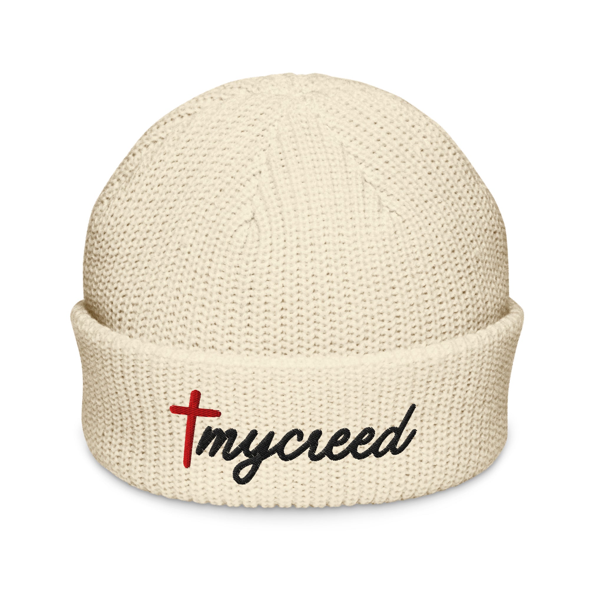 Ecru off-white beanie featuring embroidered MyCreed logo and red cross by MyCreed™