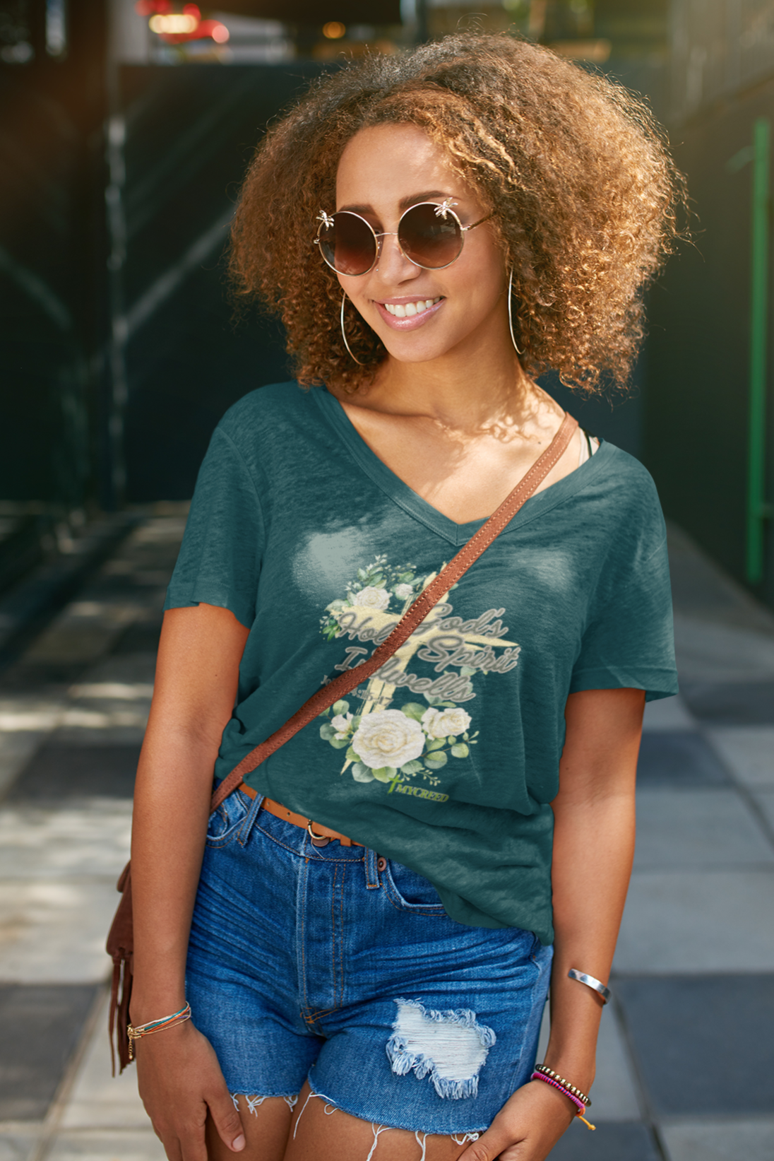 God's Holy Spirit Indwells District® Women’s V-Neck Tee by MyCreed | John 14:16-17