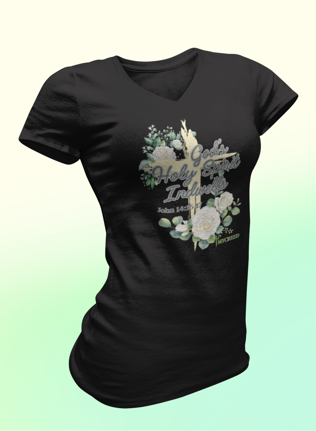 God's Holy Spirit Indwells District® Women’s V-Neck Tee by MyCreed | John 14:16-17