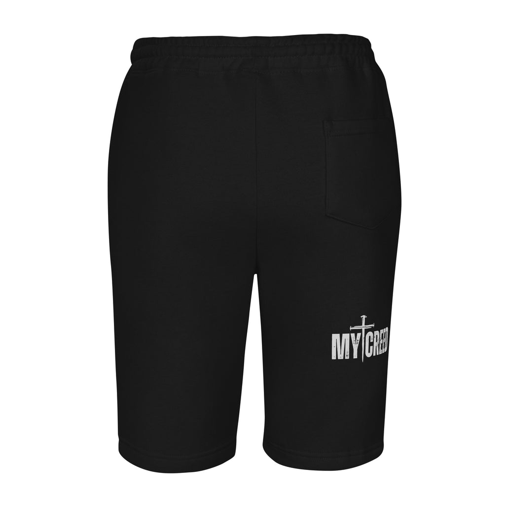 Black fleece shorts back view with MYCREED wordmark on right back leg by MyCreed™
