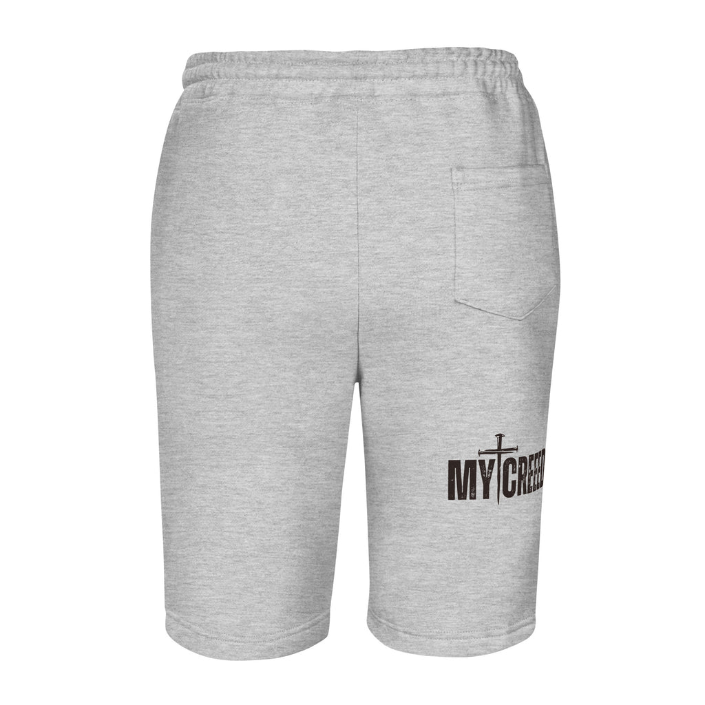 Heather gray fleece shorts back view with MYCREED wordmark printed on right back leg by MyCreed™