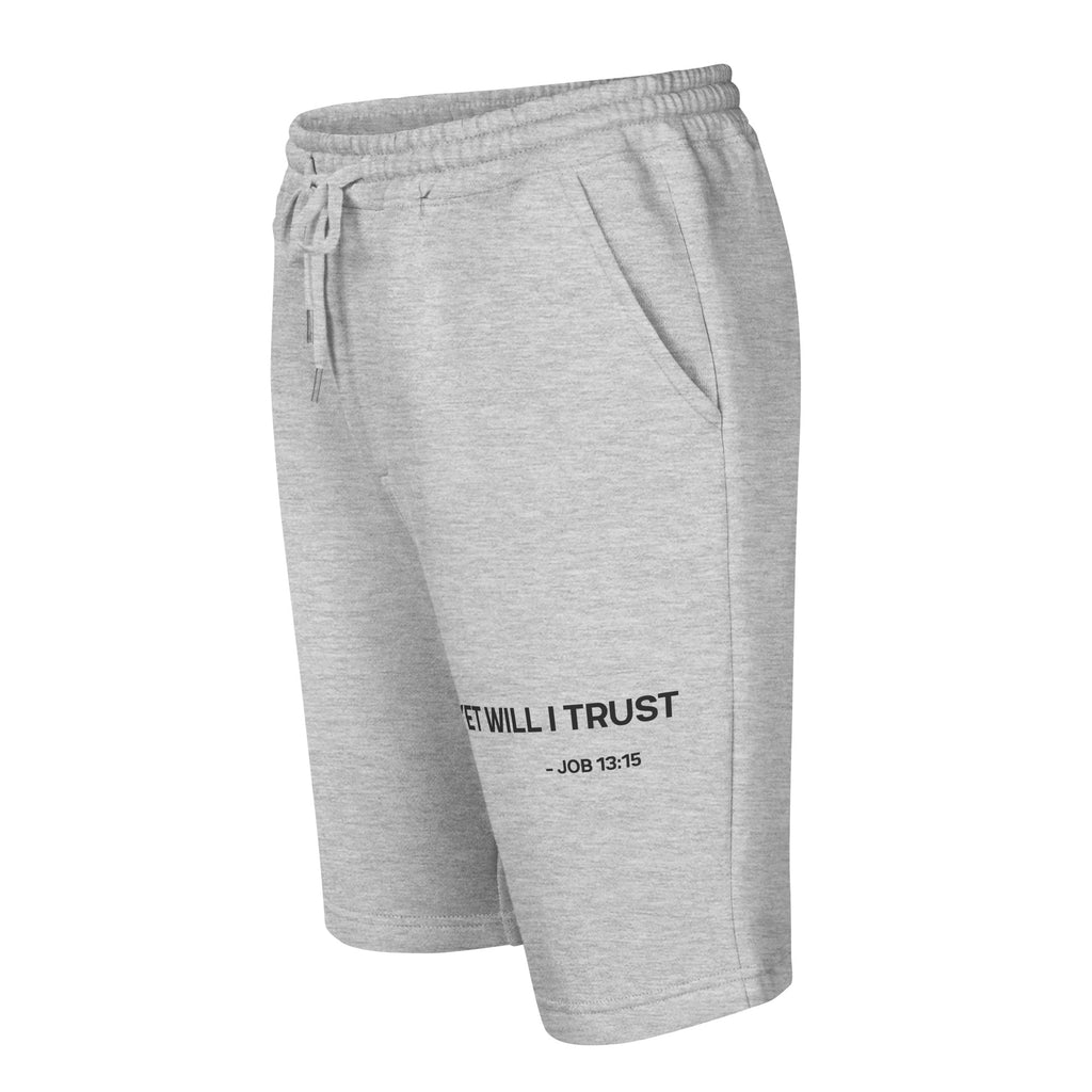 Heather gray fleece shorts front angled side view showing faith-based thigh print by MyCreed™