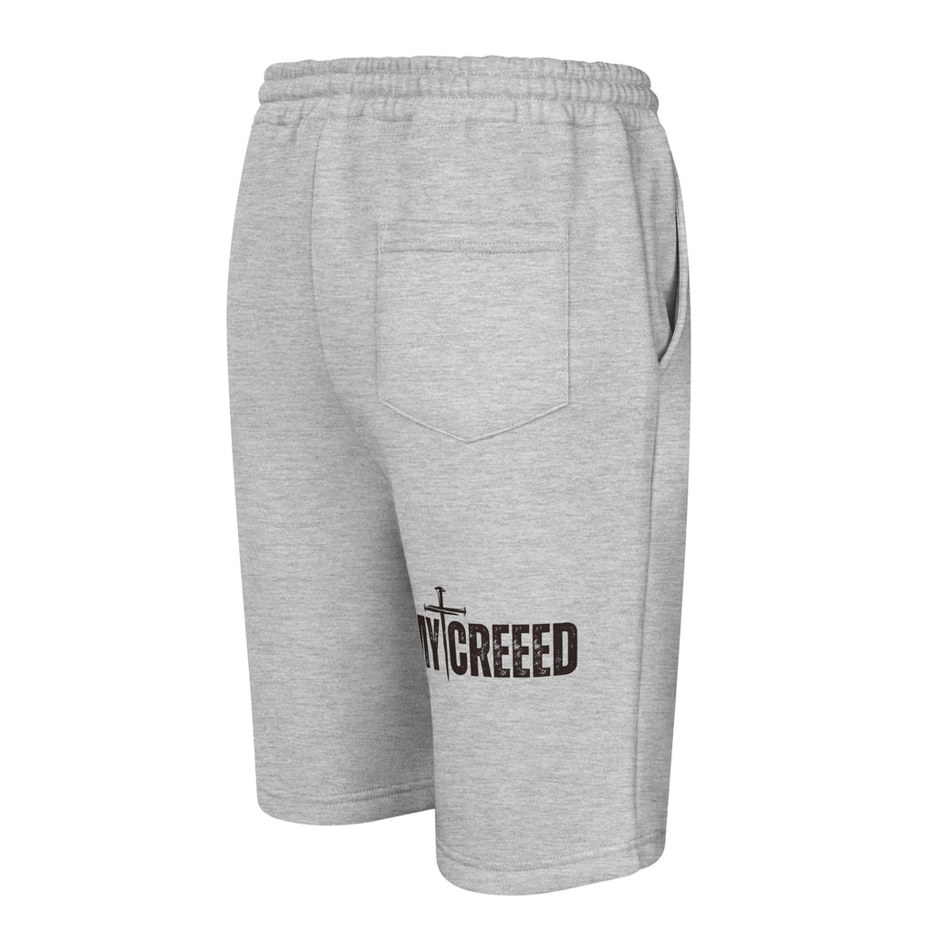 Heather gray fleece shorts rear three-quarter angle highlighting MYCREED branding by MyCreed™