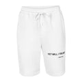 White fleece shorts front view with “Yet Will I Trust – Job 13:15” thigh print, minimalist Christian streetwear by MyCreed™
