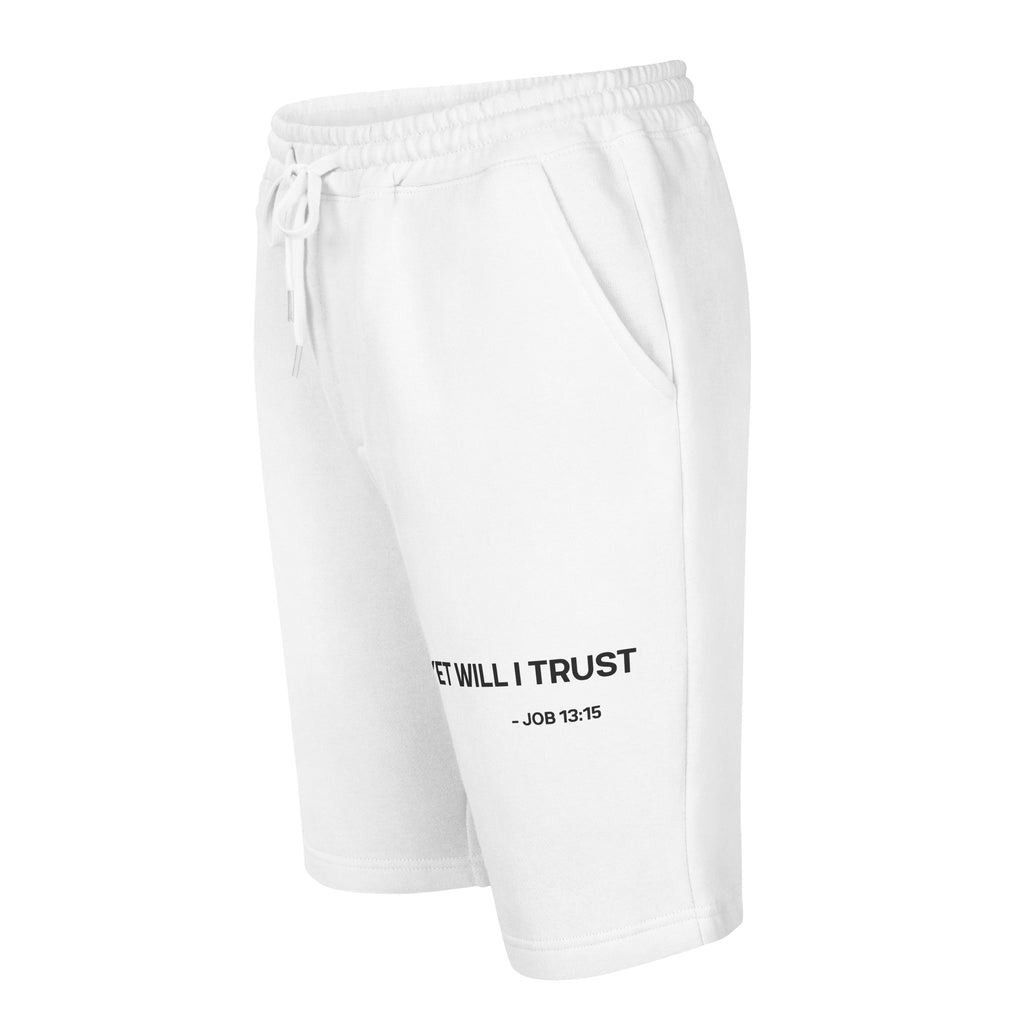 White fleece shorts angled side view showing “Yet Will I Trust – Job 13:15” front thigh print by MyCreed™