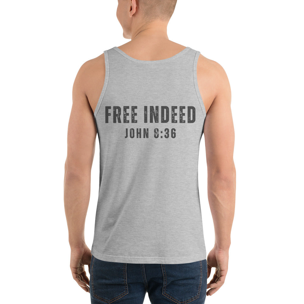 Male model wearing athletic heather tank top with “FREE INDEED” John 8:36 scripture on the back, faith apparel by MyCreed™