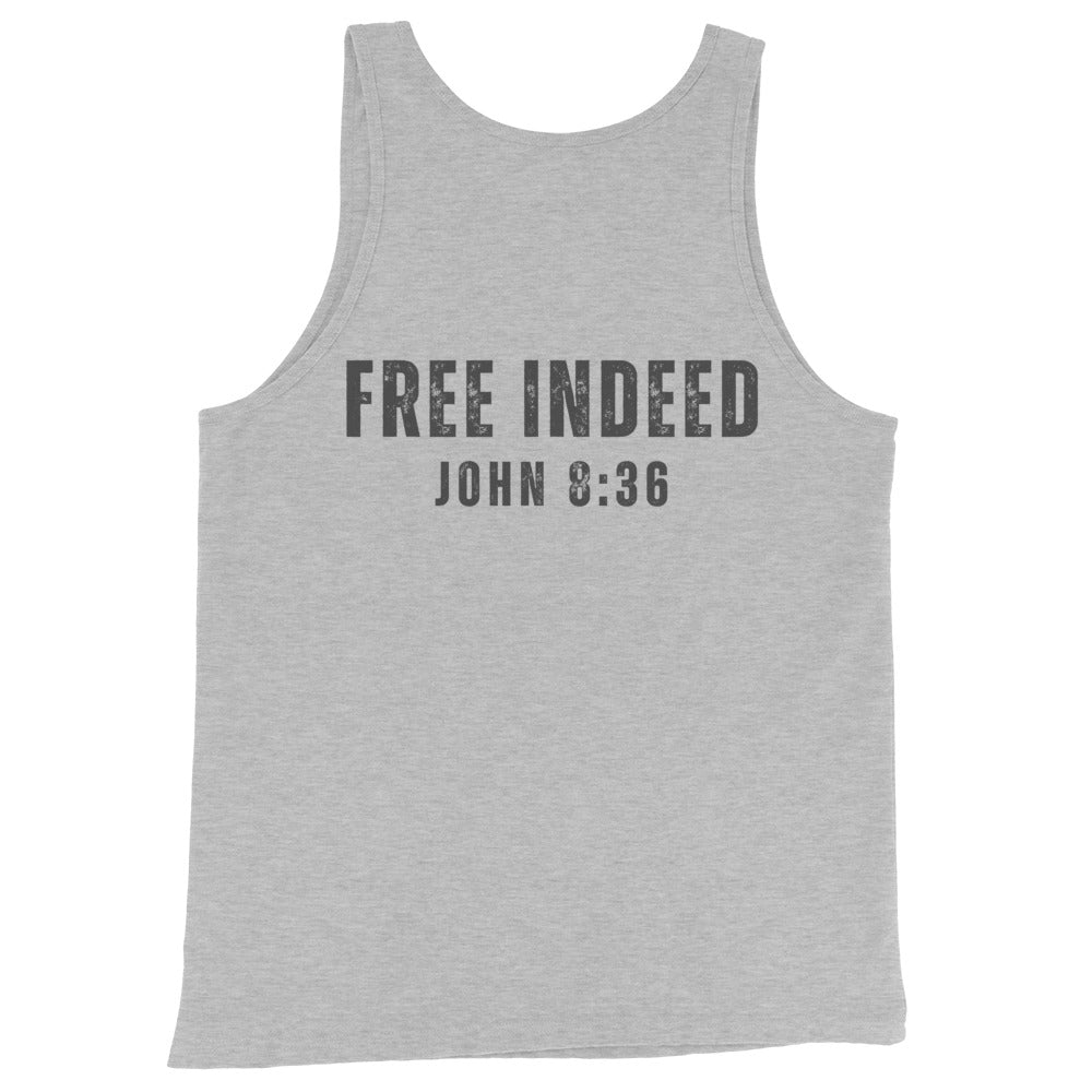 Athletic Heather tank top featuring “FREE INDEED” John 8:36 scripture on the back, minimalist faith design by MyCreed™