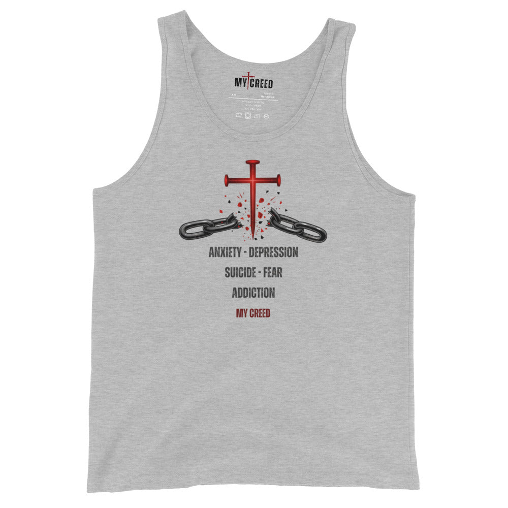 Gray ChainBreaker tank top with cross breaking chains and John 8:36 scripture, front view by MyCreed™