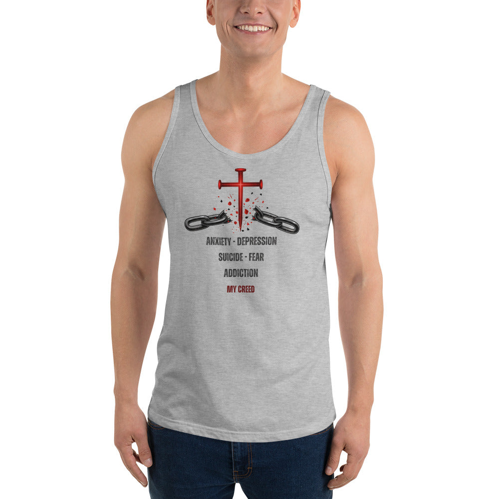 Male model wearing athletic heather ChainBreaker tank with cross breaking chains and John 8:36 scripture, front view by MyCreed™