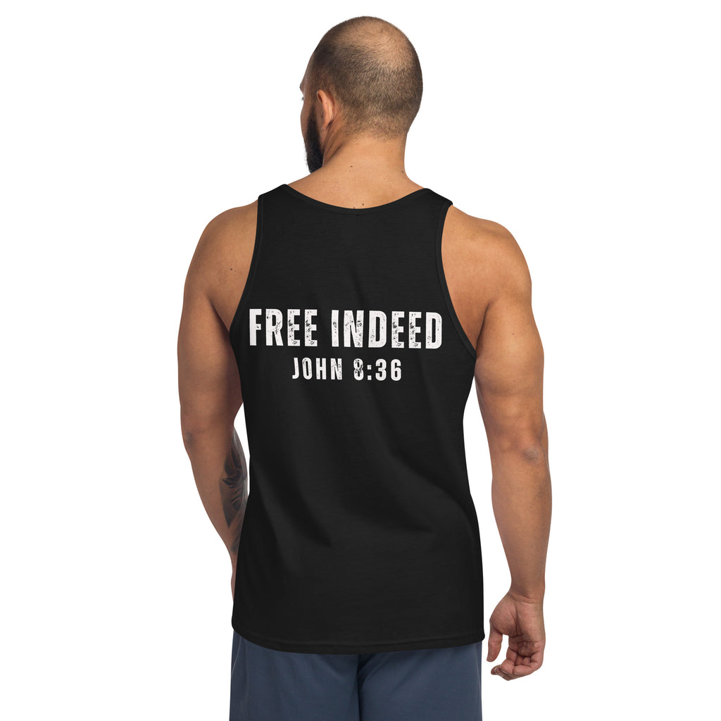 Male model wearing black tank top with “FREE INDEED” John 8:36 scripture on the back, faith apparel by MyCreed™