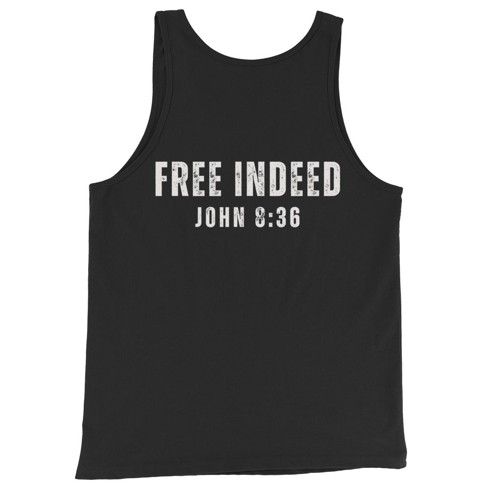 Black tank top featuring “FREE INDEED” John 8:36 scripture on the back, minimalist faith design by MyCreed™
