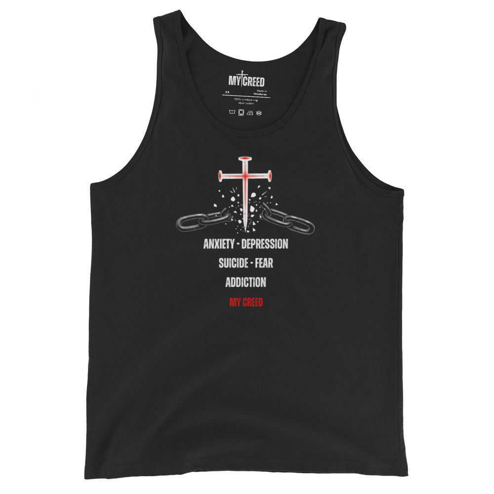Black ChainBreaker tank top with cross breaking chains and John 8:36 scripture, front view by MyCreed™