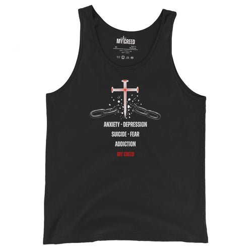 Black ChainBreaker tank top with cross breaking chains and John 8:36 scripture, front view by MyCreed™