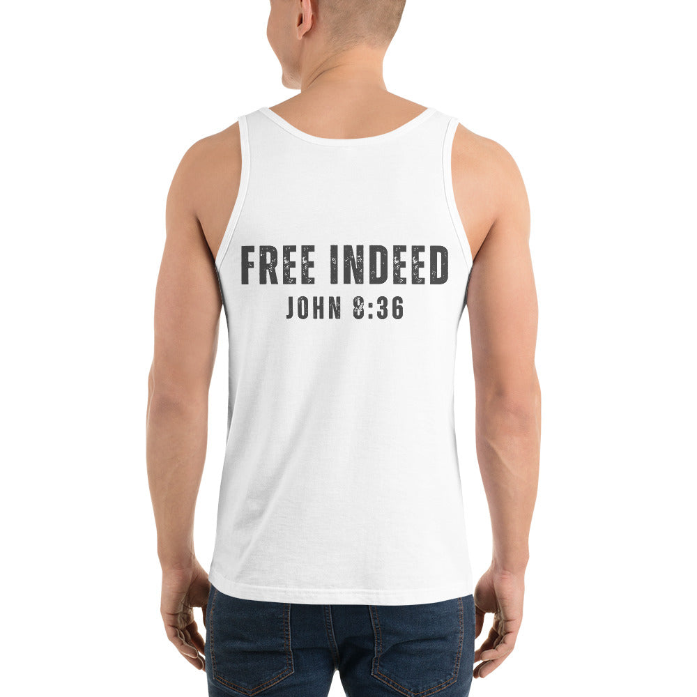 Male model wearing gray tank top with “FREE INDEED” John 8:36 scripture on the back, faith-based apparel by MyCreed™