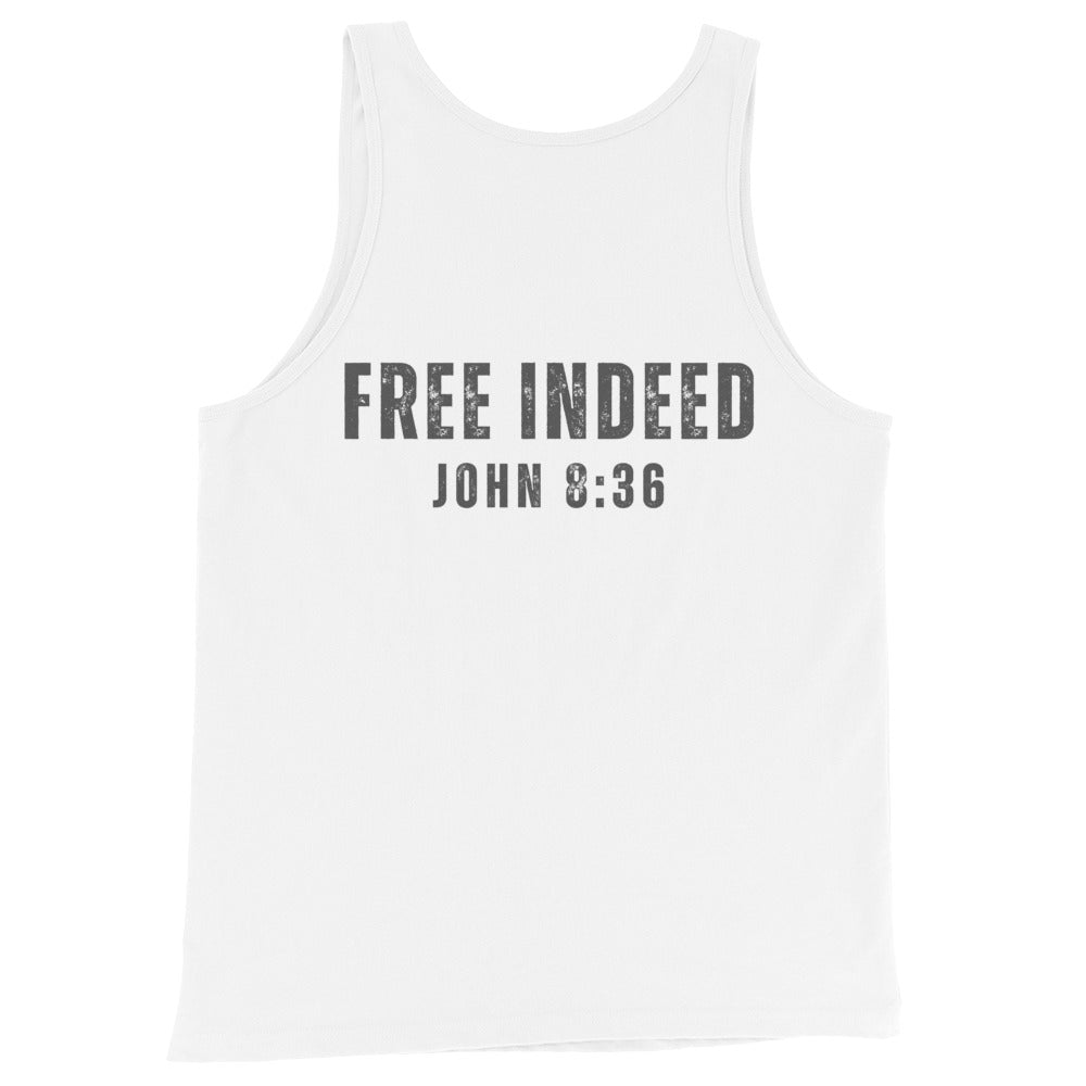 White tank top featuring “FREE INDEED” John 8:36 scripture on the back, minimalist faith design by MyCreed™