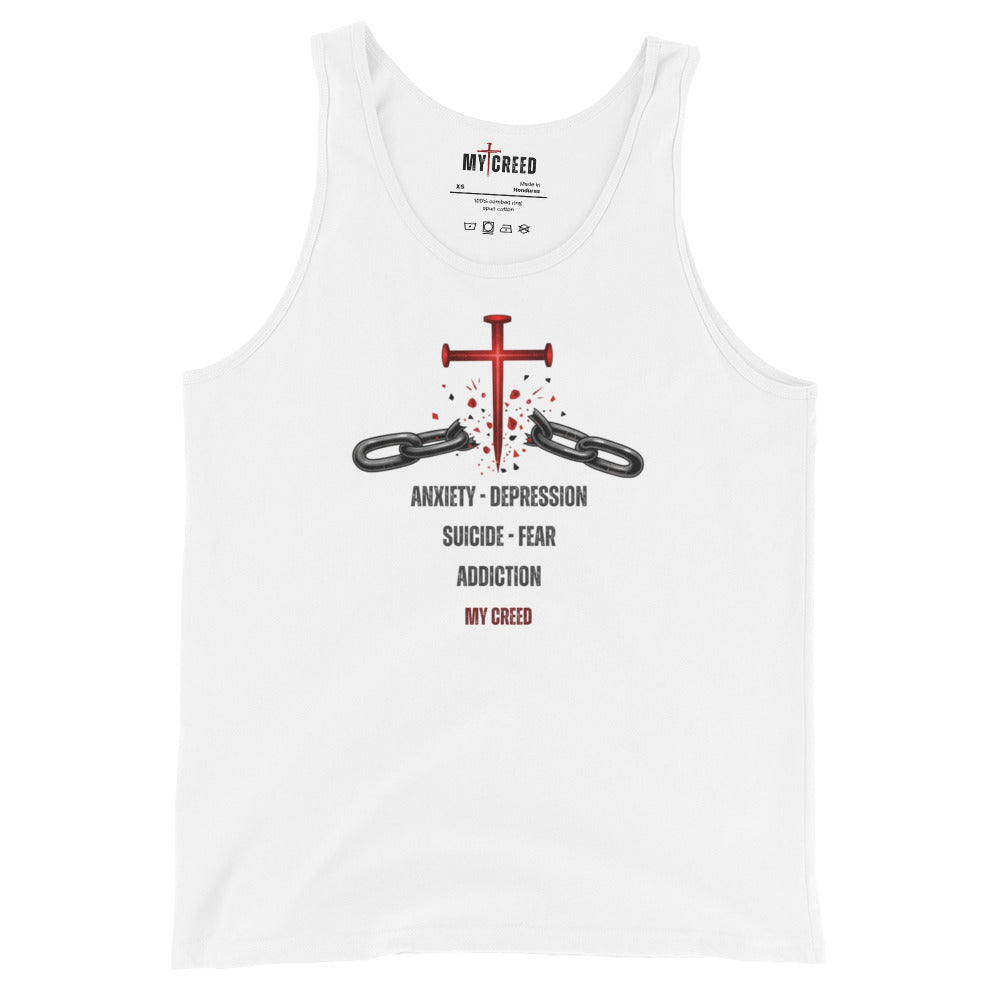White ChainBreaker tank top with cross breaking chains and John 8:36 scripture, front view by MyCreed™