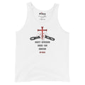White ChainBreaker tank top with cross breaking chains and John 8:36 scripture, front view by MyCreed™