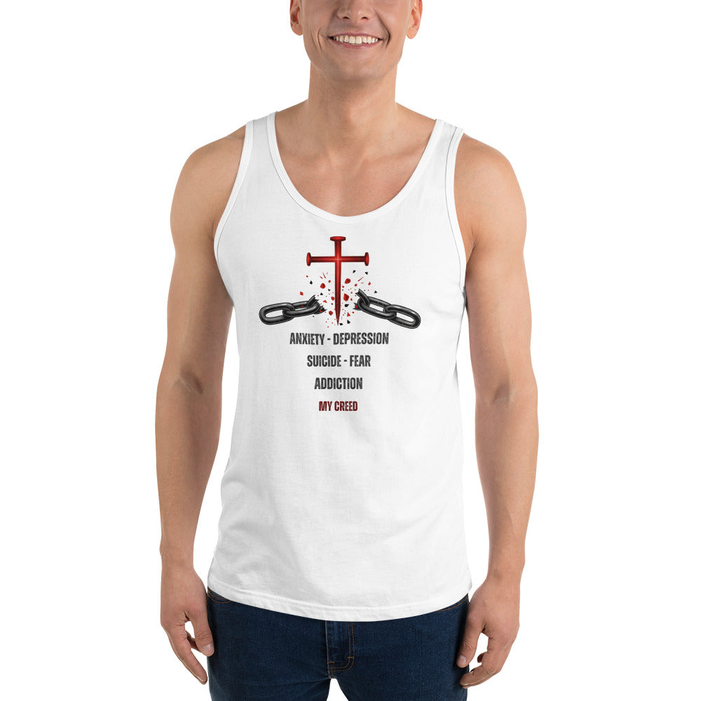 Male model wearing gray ChainBreaker tank with cross breaking chains and John 8:36 scripture, front view by MyCreed™