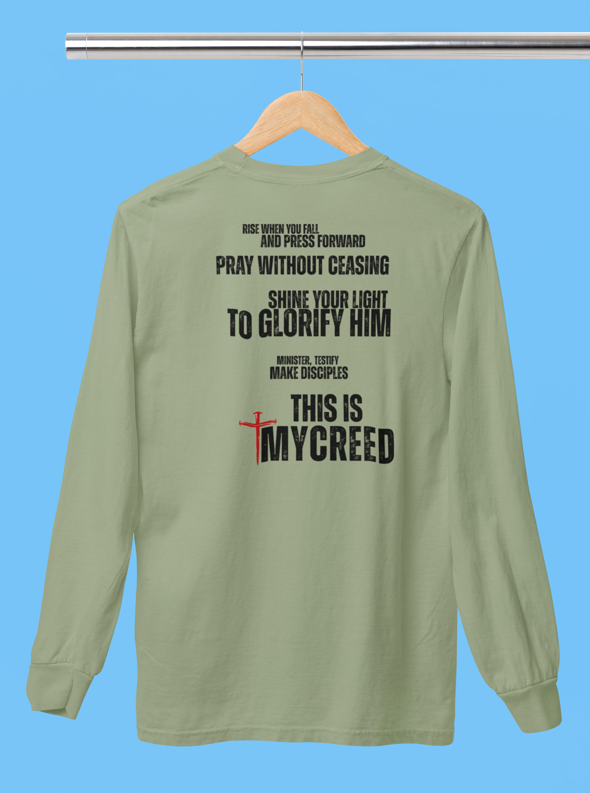 The Declaration by MyCreed — bold Christian streetwear long sleeve proclaiming faith and discipleship.