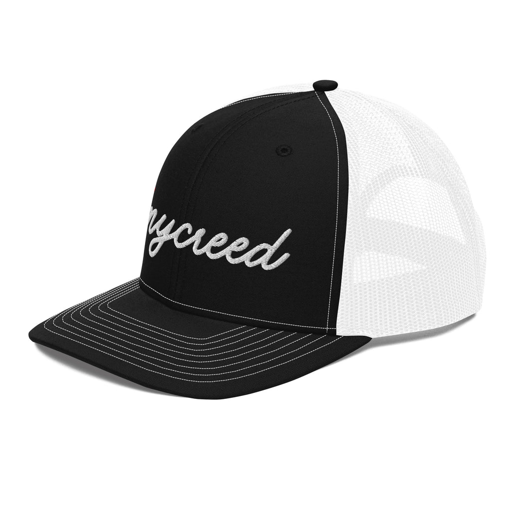 Side profile of black MyCreed™ Richardson 112 snapback hat with breathable mesh panels by MyCreed™