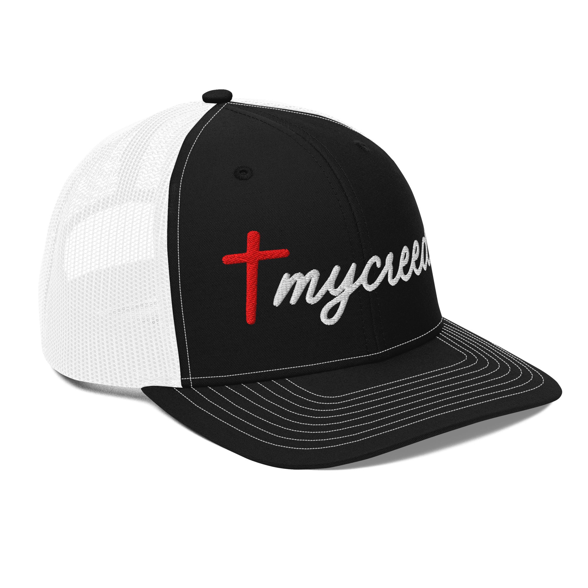 Right side profile of black MyCreed™ Richardson 112 snapback hat with breathable mesh panels by MyCreed™