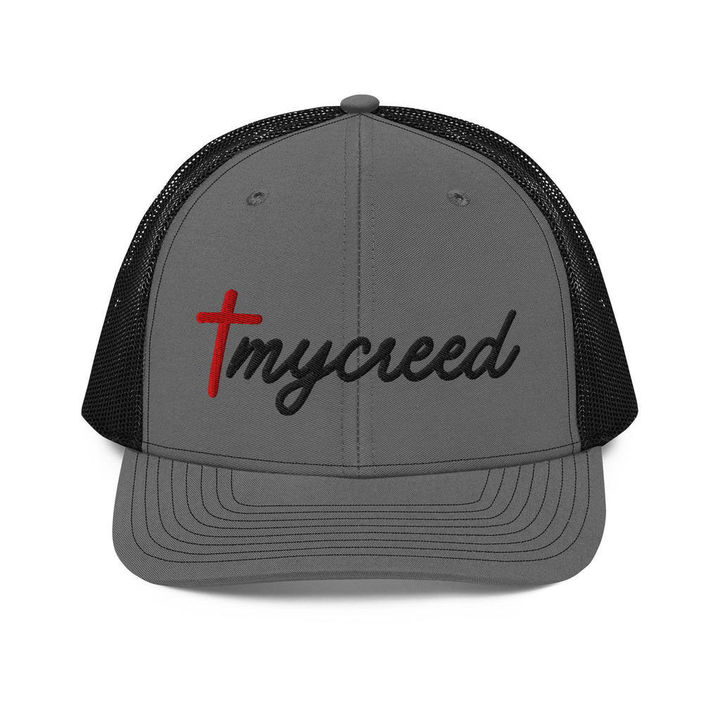 Charcoal and black MyCreed™ snapback cap with tonal mesh back and embroidered logo by MyCreed™