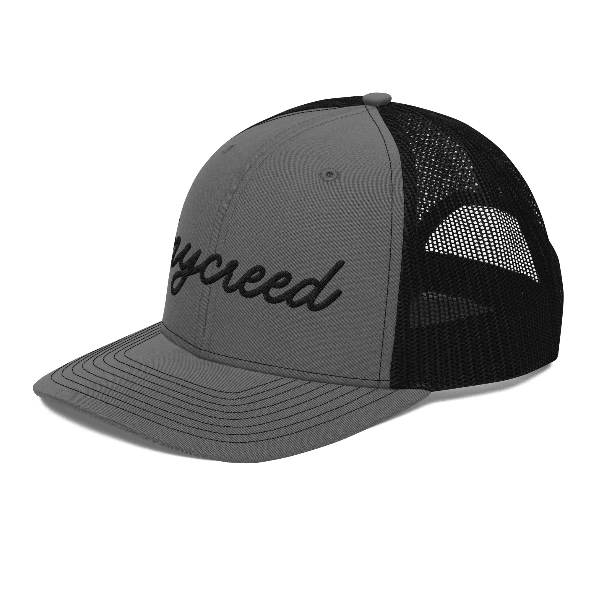 Angled front view of charcoal MyCreed™ Richardson snapback showing structured mid-profile crown by MyCreed™
