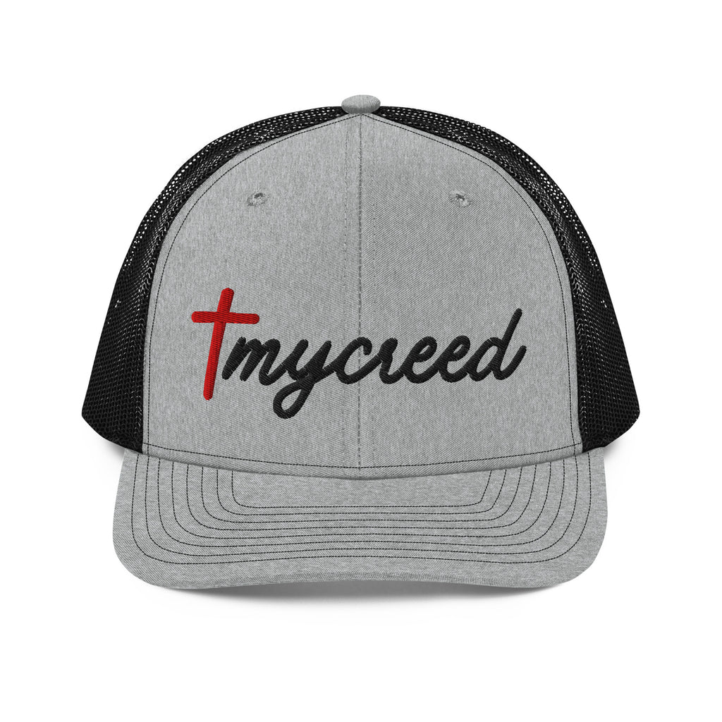Heather grey and black Richardson 112 snapback with red MyCreed™ cross logo in 3D puff embroidery, front view by MyCreed™