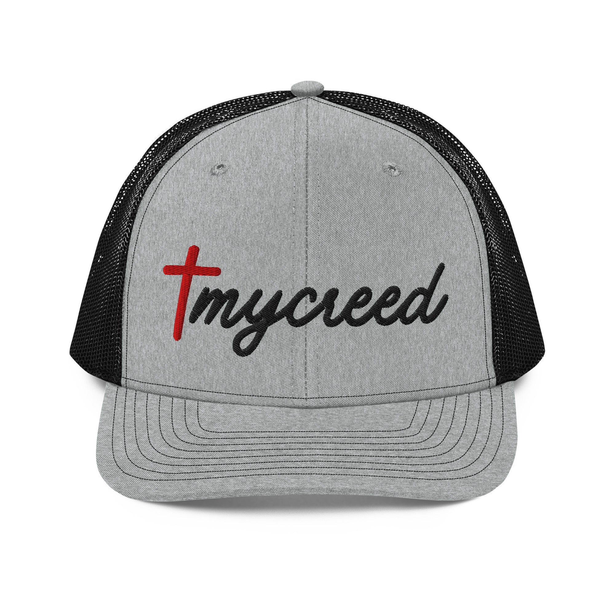 Heather grey and black Richardson 112 snapback with red MyCreed™ cross logo in 3D puff embroidery, front view by MyCreed™