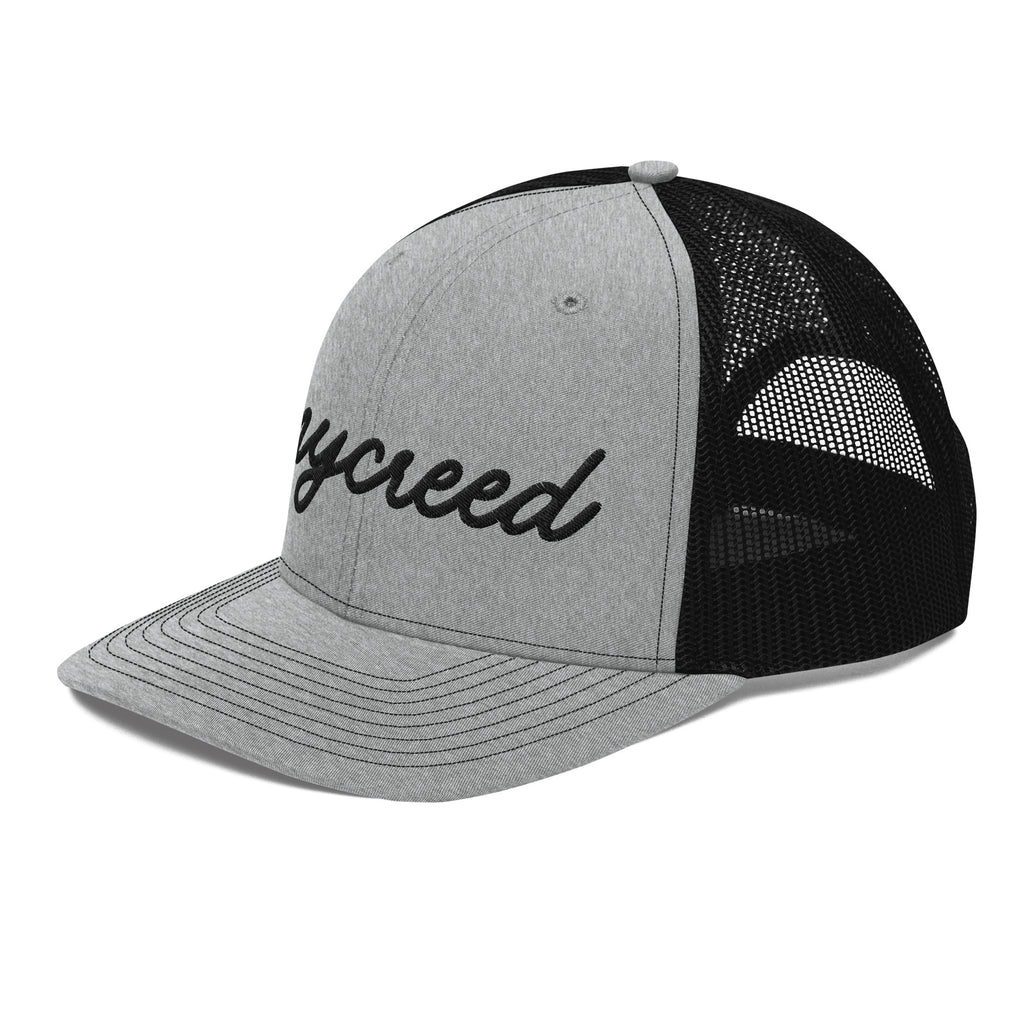 Angled side view of heather grey and black MyCreed™ snapback trucker hat with mesh back by MyCreed™