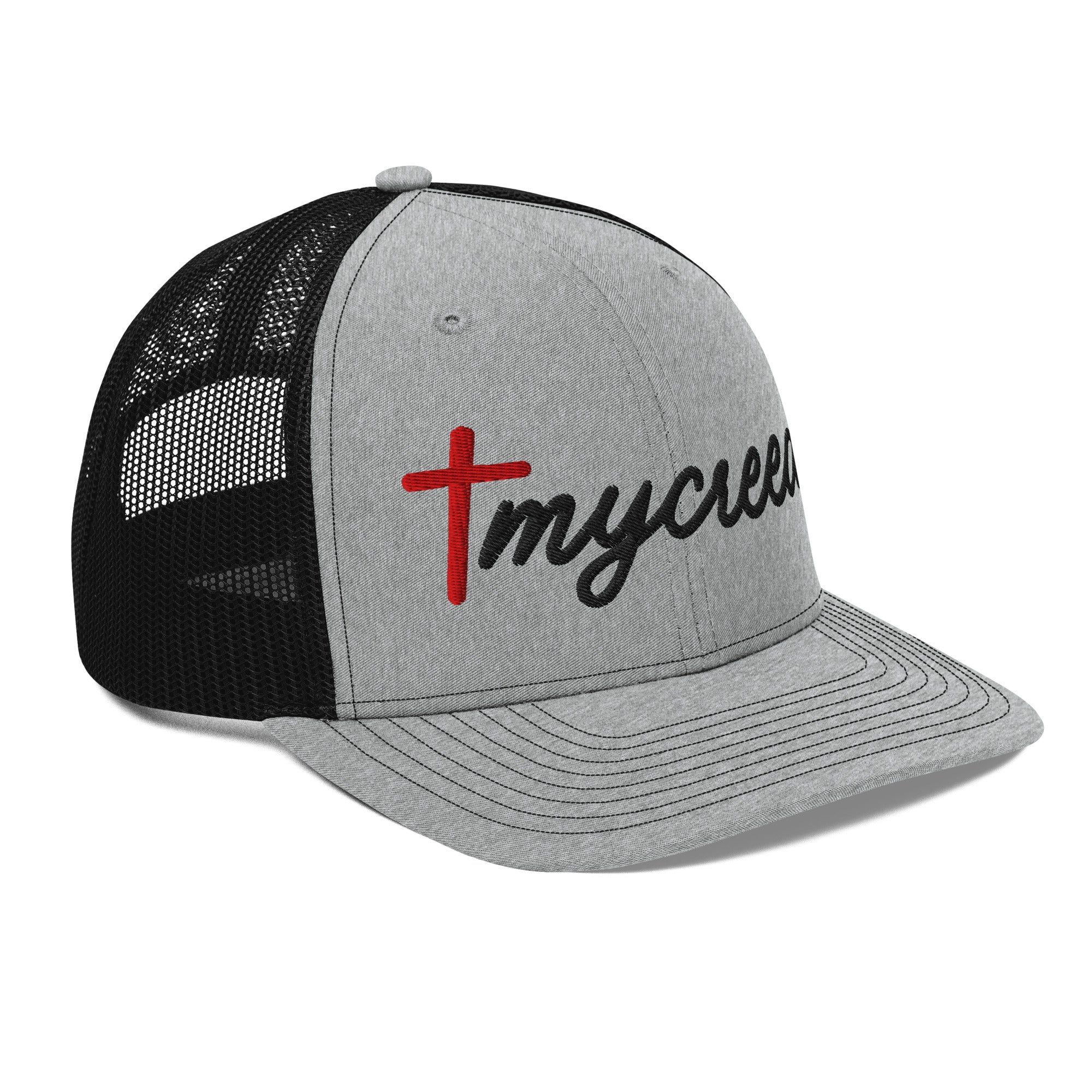 pre-curved brim perspective of heather grey MyCreed™ logo snapback with structured crown by MyCreed™